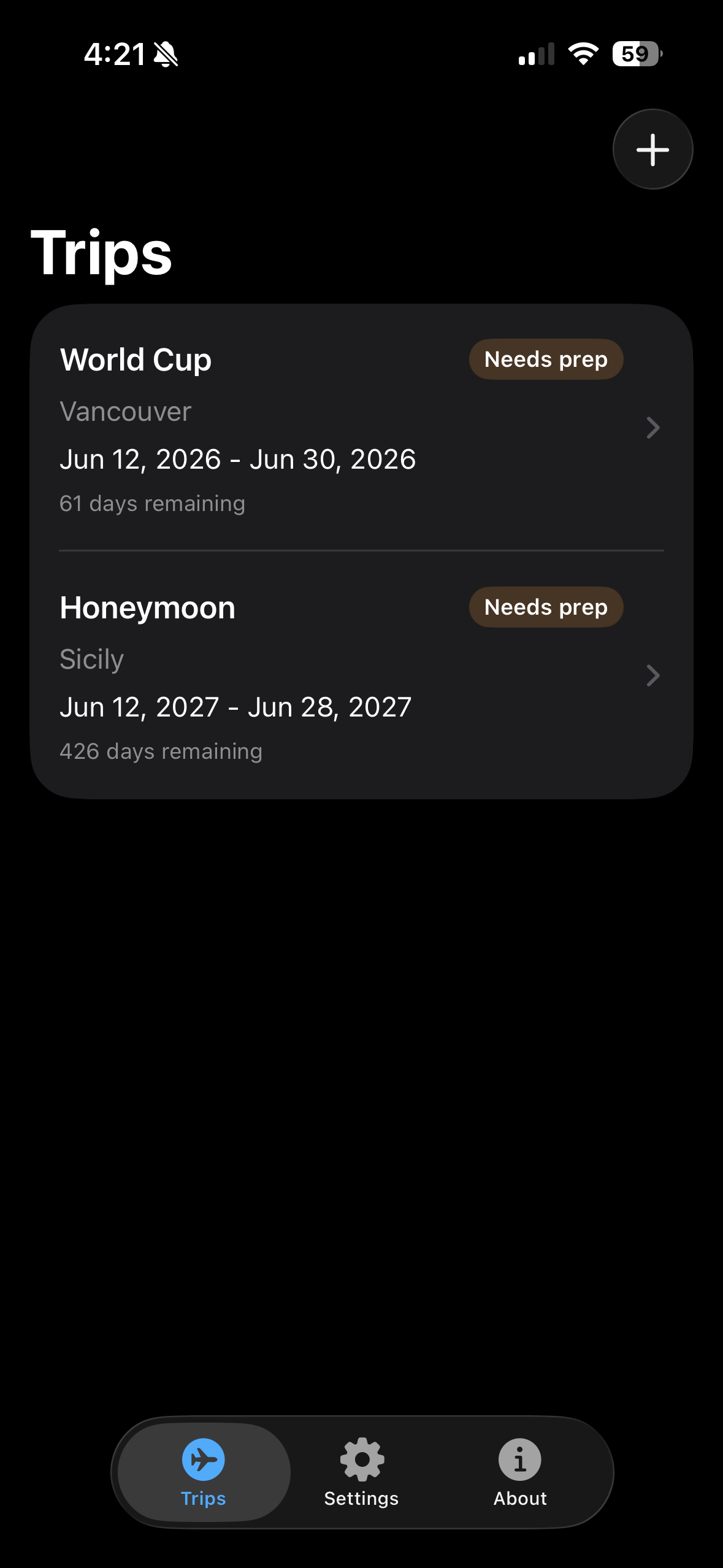 LocalOne Travel Kit Trips Screen