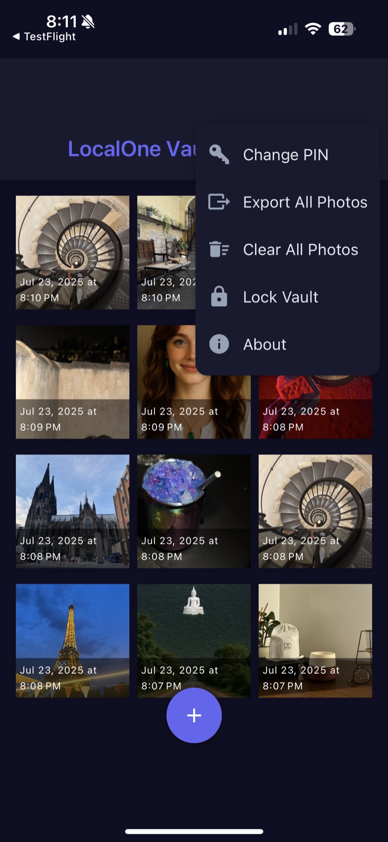 Vault menu with Change PIN, Export All Photos and Lock Vault